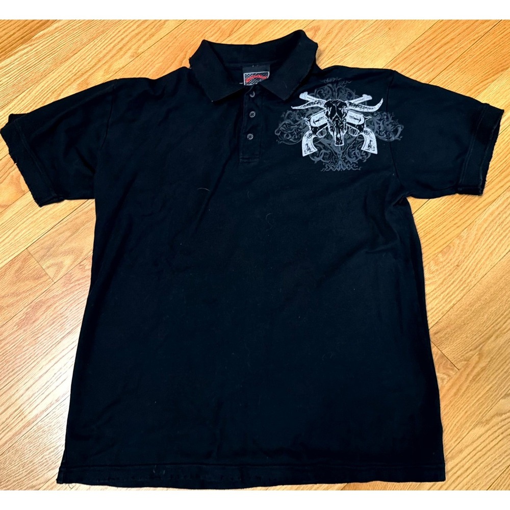 One More Round Mens Black Graphic Polo Shirt Skull Cowboy Skeleton Large